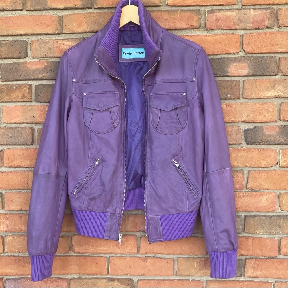 Vintage Carrie Hoxton London Purple Bomber Leather Biker Moto Jacket